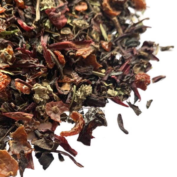 Marsh & Berries loose leaf tea with hibiscus and rosehip visible