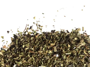 Minty Stix loose leaf tea with peppermint and oolong leaves visible