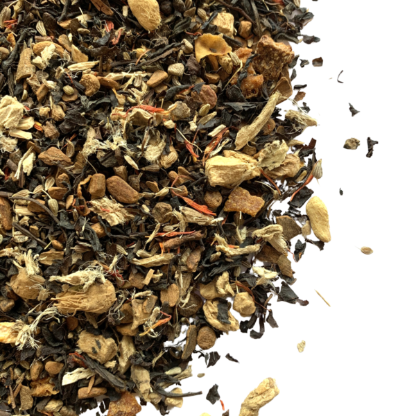 Ginger Spice loose leaf tea with ginger, cinnamon, and orange peel visible