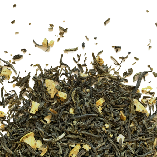 Pear & Petal loose leaf jasmine green tea blend with pear and jasmine flowers visible