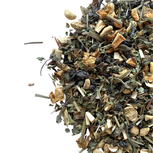 Lemon Ginger Green loose leaf tea blend with green tea and citrus pieces visible