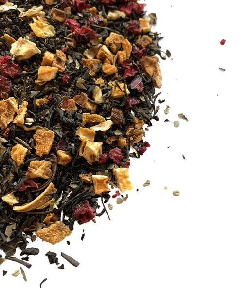 Morning Medley loose leaf tea with banana, cranberry, and orange peel visible