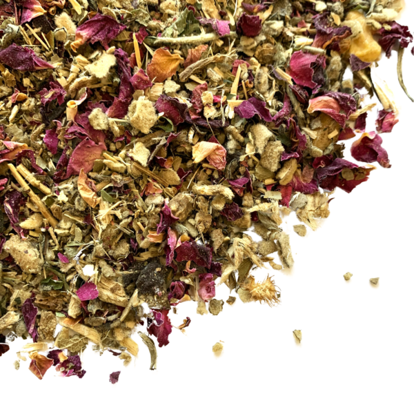 Mullein Rose loose leaf white tea blend with rose petals and mullein visible