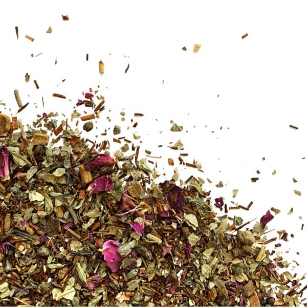 Rooibos Dream loose leaf tea blend with rooibos, rose petals, and spices visible