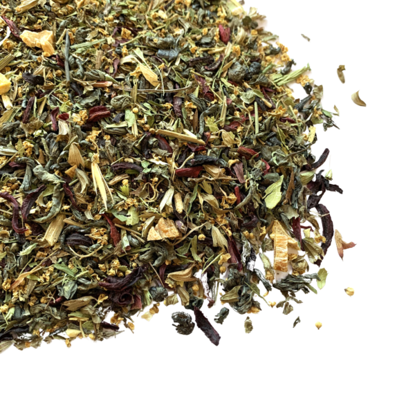 Sweet Lemon Mango Iced Tea loose leaf blend with mango, hibiscus, and lemon peel visible