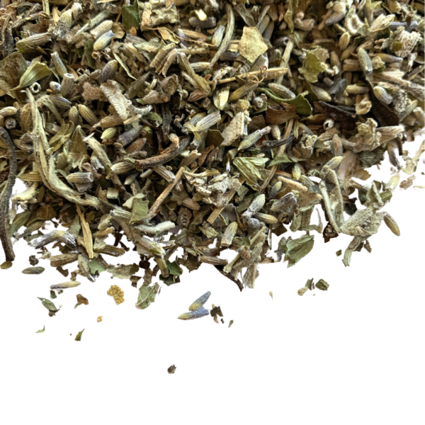 Sage & White loose leaf tea blend with sage and lavender visible